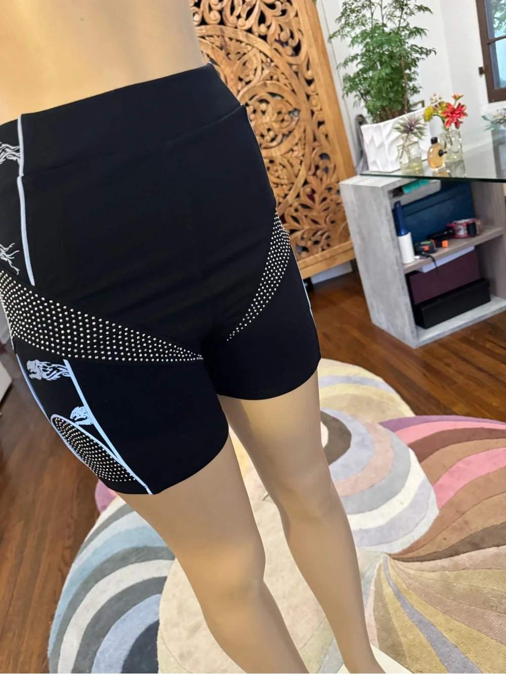 Black Studded Graphic High Waisted Bike Shorts with White Panther Motif